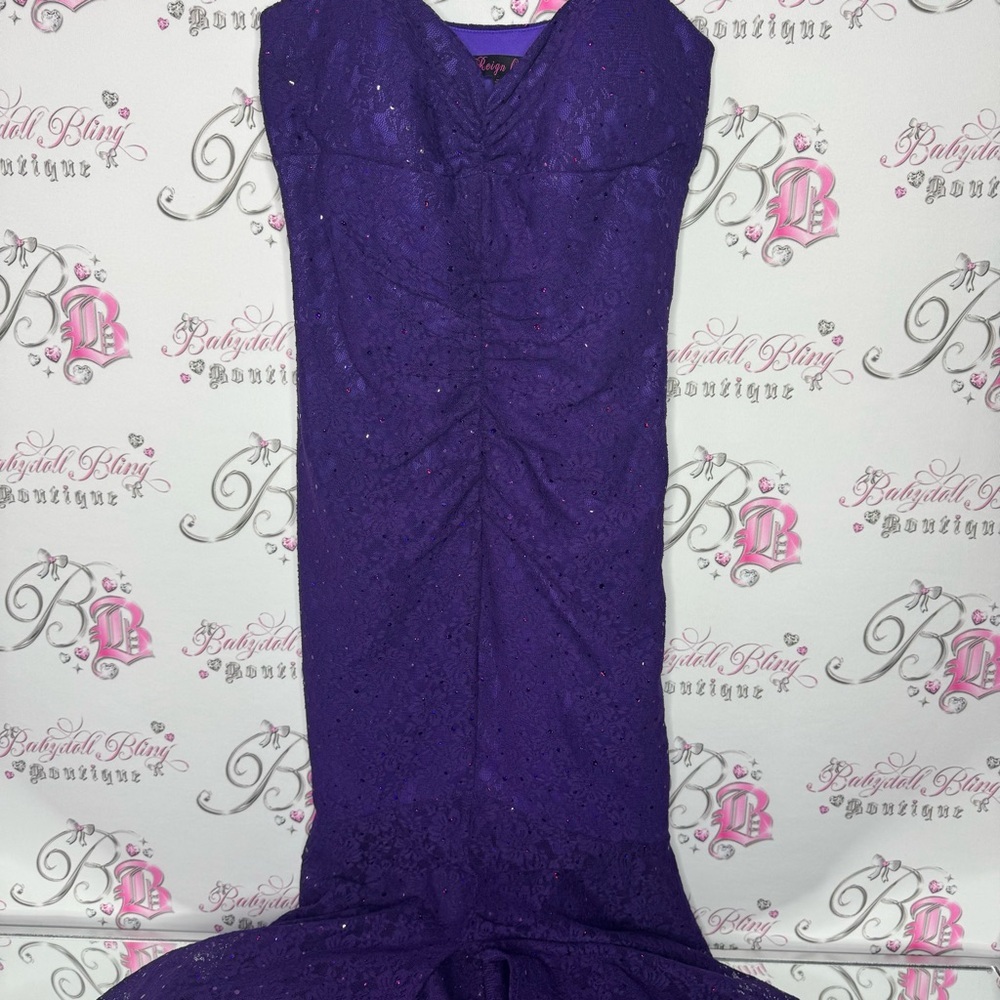Reign on dress fancy sparkly rutched purple ball gown formal open slit mermaid - Picture 10 of 16